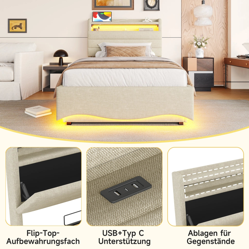 Letto imbottito 90x200 LED idraulico USB/Type-C lino beige