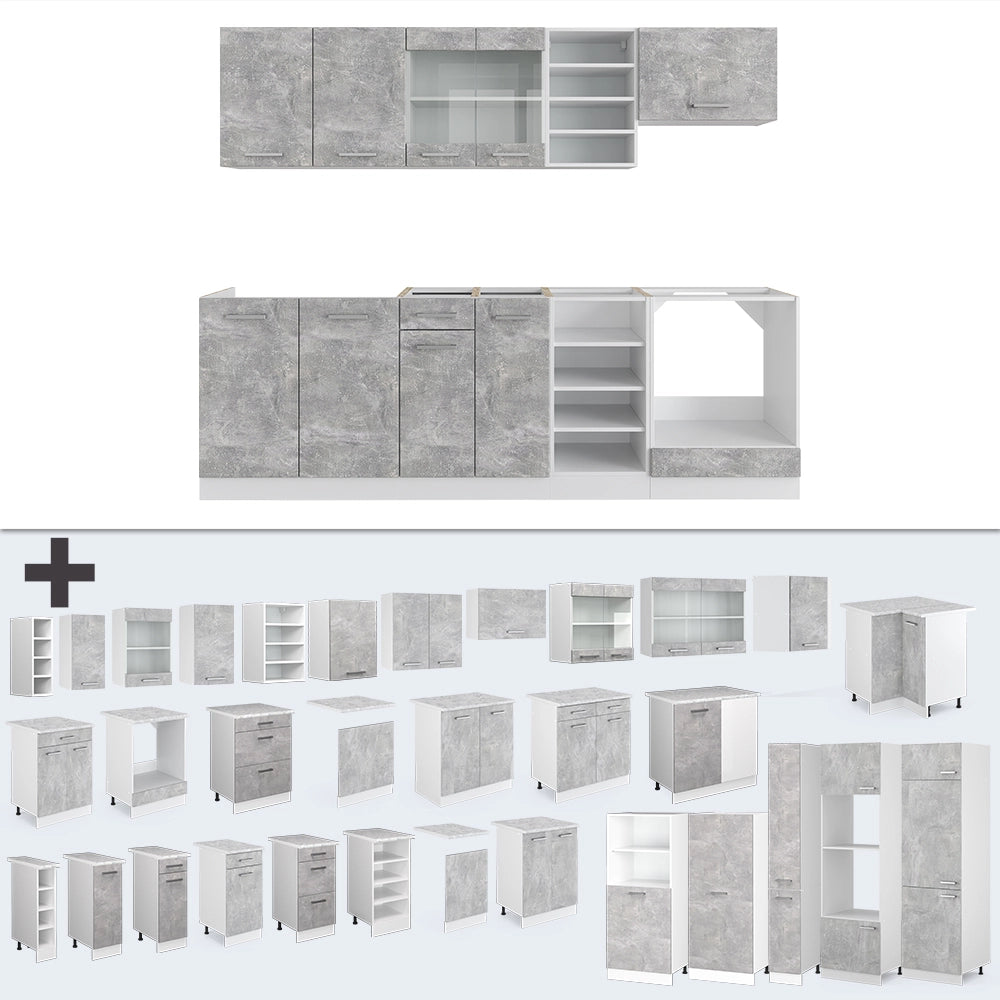 Cucina componibile R-Line Calcestruzzo/Bianco 240 cm, PL Marmo Vicco