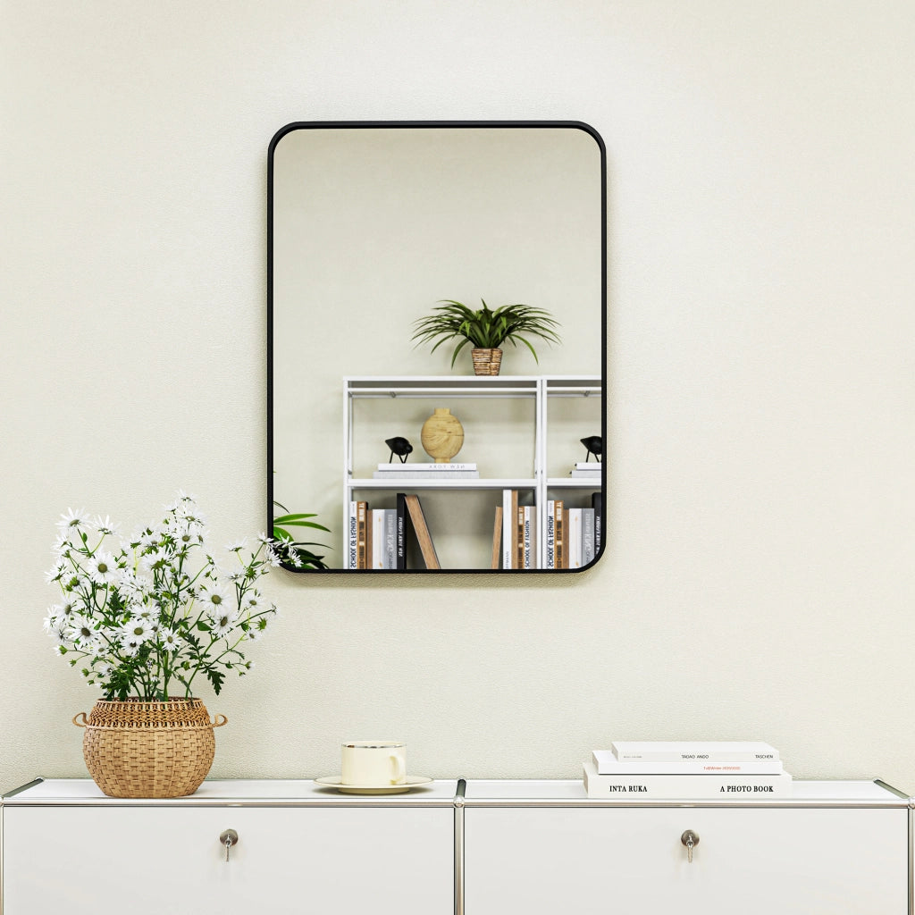 Specchio da Bagno 60x2.5x80 cm con Cornice in Metallo e Gancio Nero