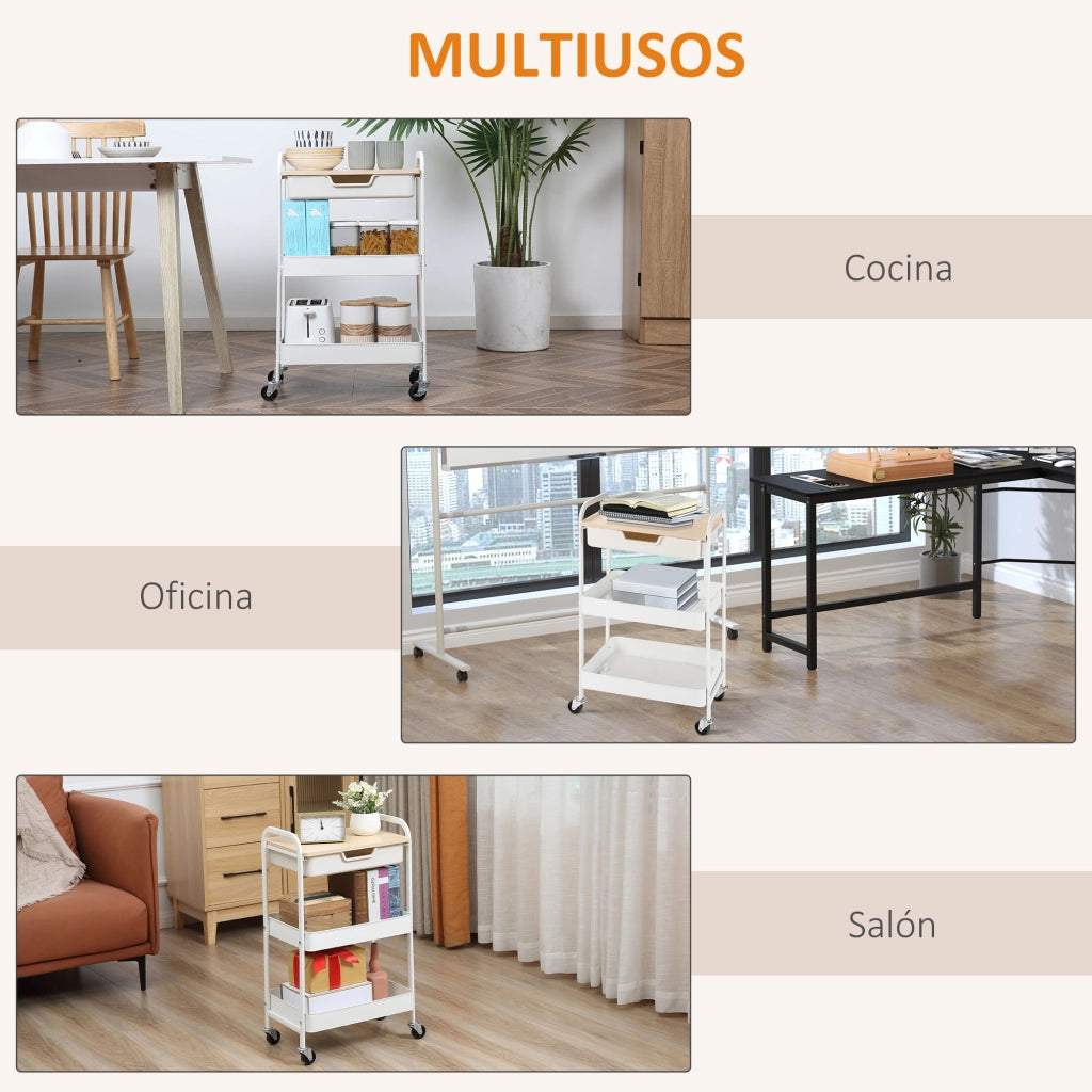 Carrello Multiuso con Cassetto e Cestini ¨C Minimal ¨C 44x31x76 cm Bianco