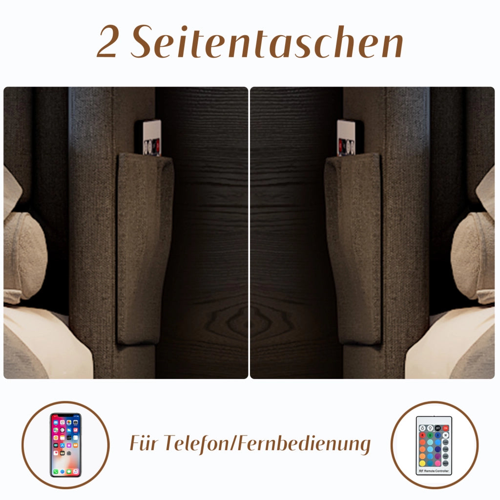 LETTO 140x200 cm con LED, USB-C e 4 cassetti, tessuto cotone lino Grigio