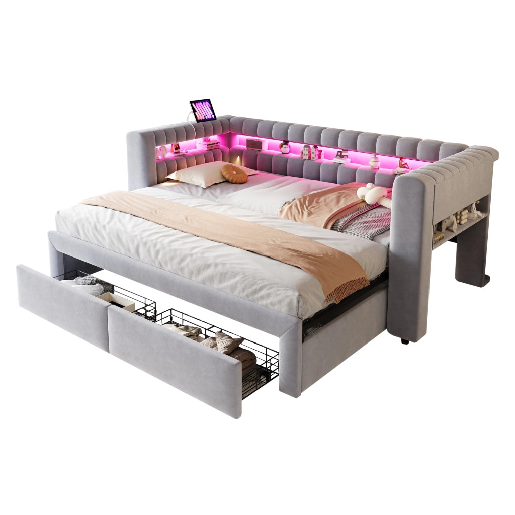 Letto imbottito contenitore ¨C Minimal ¨C grigio chiaro velluto con cassetti led 90x190/180x190 cm