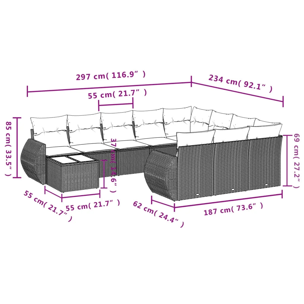 Set Divani da Giardino 11 pz con Cuscini in Polyrattan Grigio