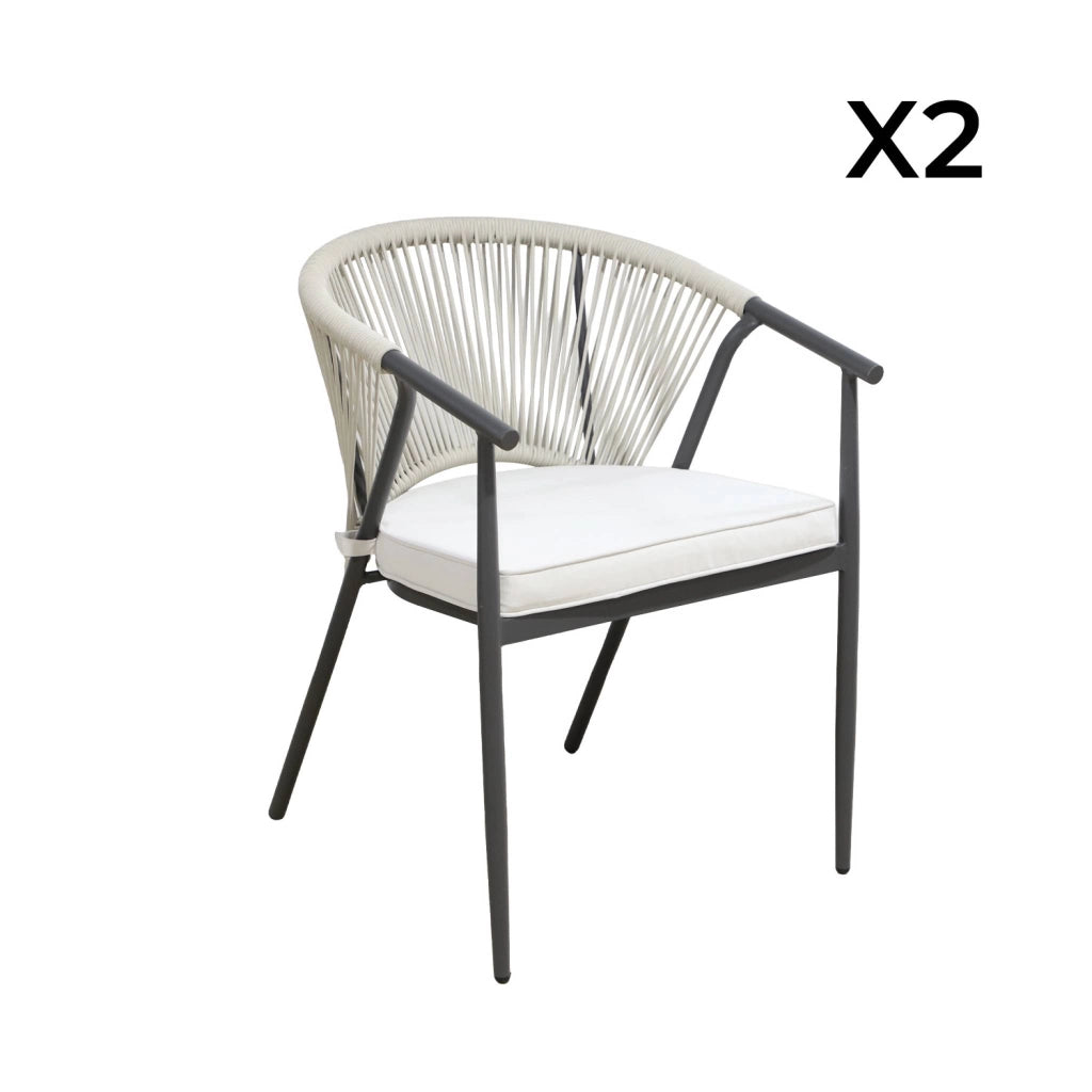 Set 2 sedie da giardino impilabili in acciaio e corde, beige