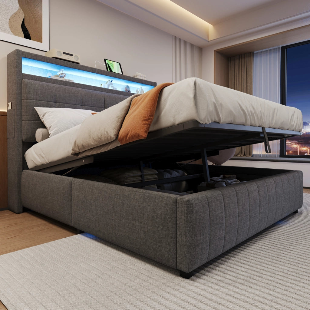 LETTO Imbottito 160x200 cm Grigio in lino con LED, USB e contenitore