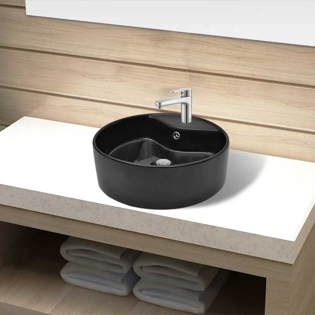 Lavandino-Lavabo-Lavello bagno in Ceramica nera rotondo con Foro di trabocco