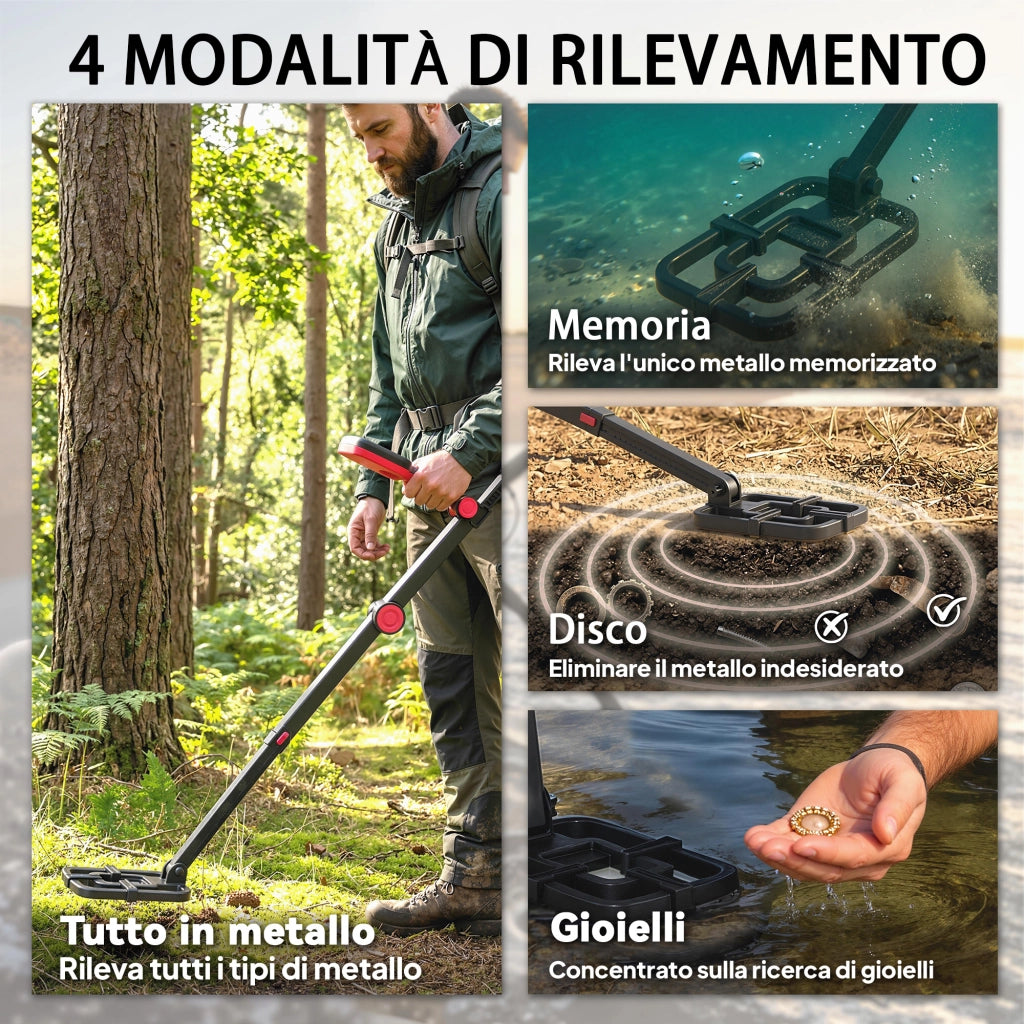 Metal Detector ¨C Minimal ¨C 4 Modalit¨¤, Bobina IP68 Impermeabile, Display LCD