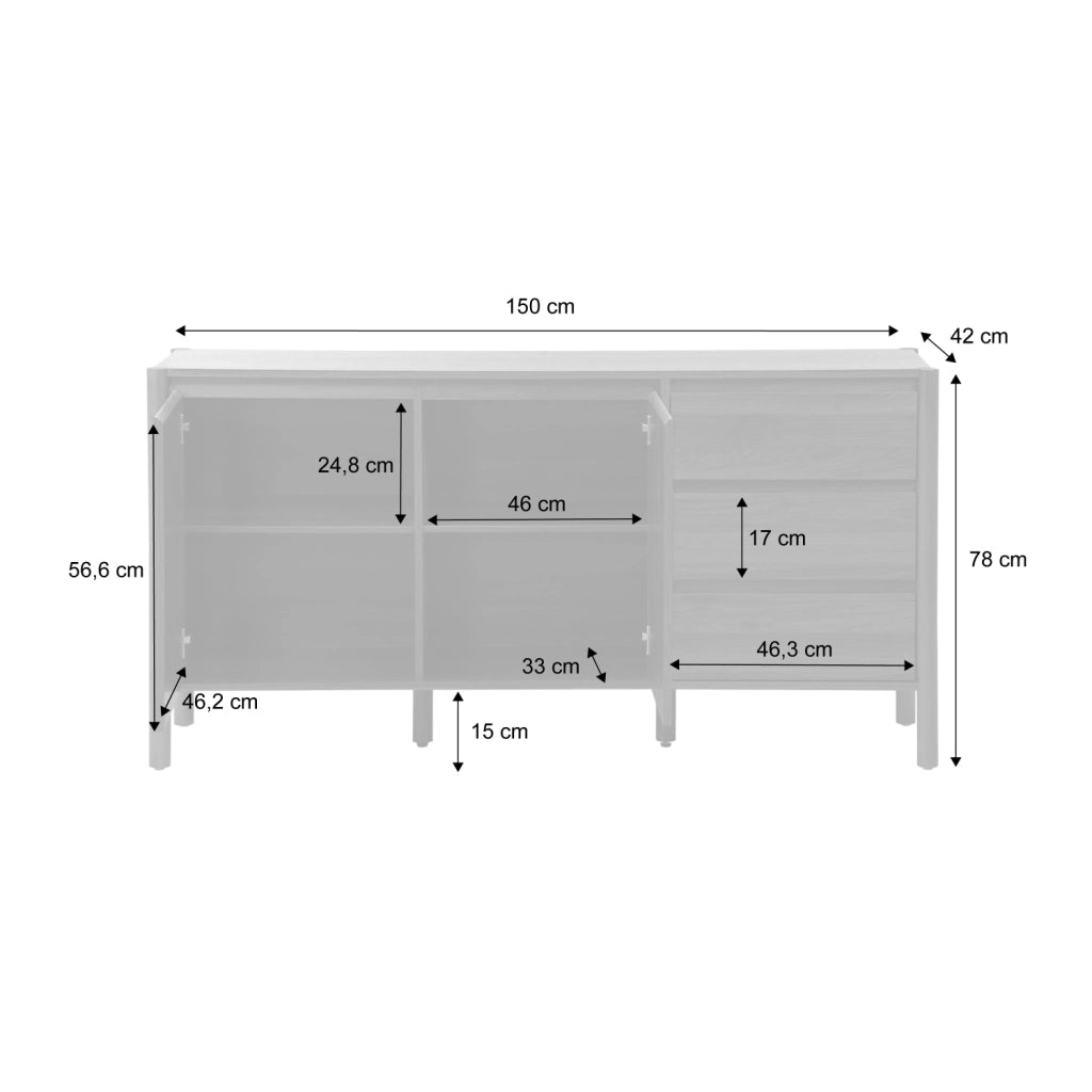 Credenza decorazione legno 2 ante 3 cassetti 150cm, noce