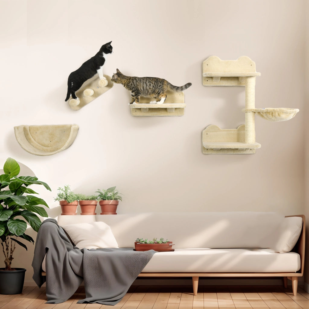 Set arrampicata per gatti con scala, amaca, piattaforma e tiragraffi ¨C Minimal ¨C 4 pezzi, beige
