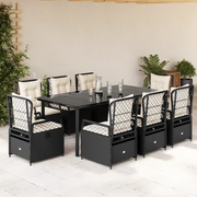 Set da Pranzo da Giardino 9 pz con Cuscini Nero in Polyrattan 3262970