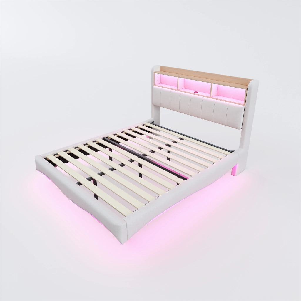LETTO sospeso 140x200 cm beige in tessuto con LED, USB e Type-C