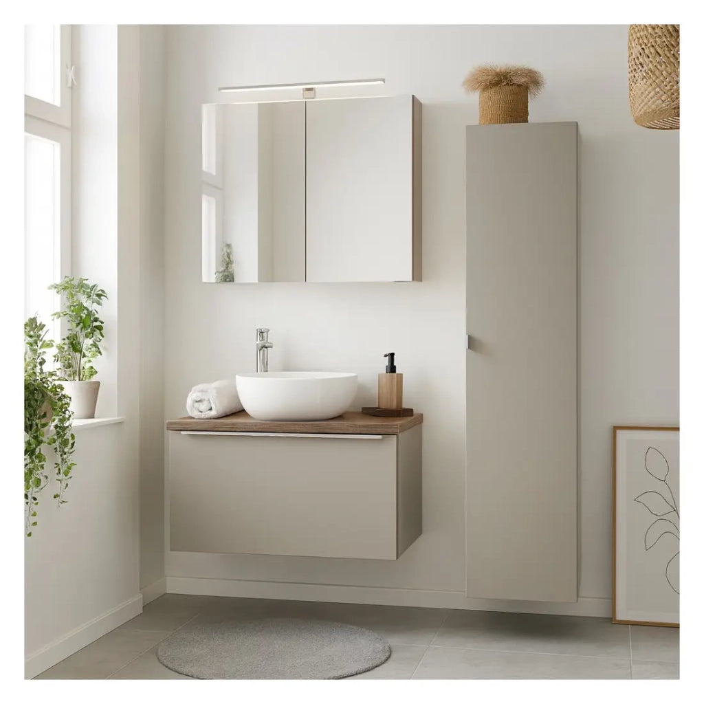 Set VANTA taupe: mobile sottolavabo 80cm + lavabo da appoggio + mobili da rangement + specchio + LED