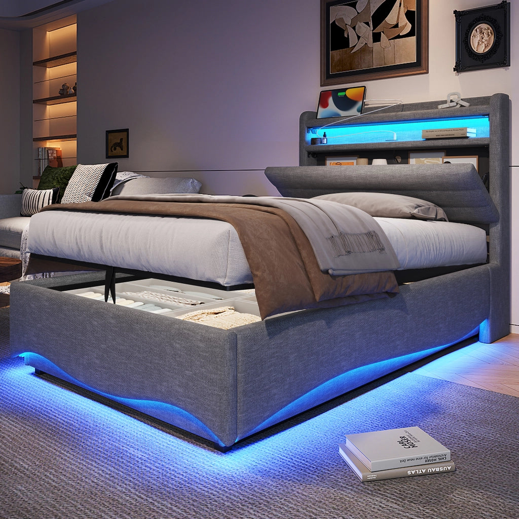 LETTO Contenitore 90x200 cm in Lino Grigio con LED, USB e Type-C