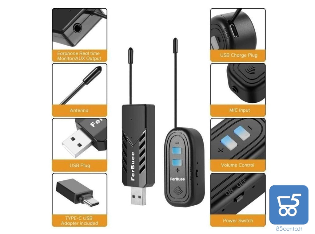 Set Microfono wireless headset Mic Microfono a clip con Ricevitore e Trasmettitore Wireless per Riprese video Registrazioni