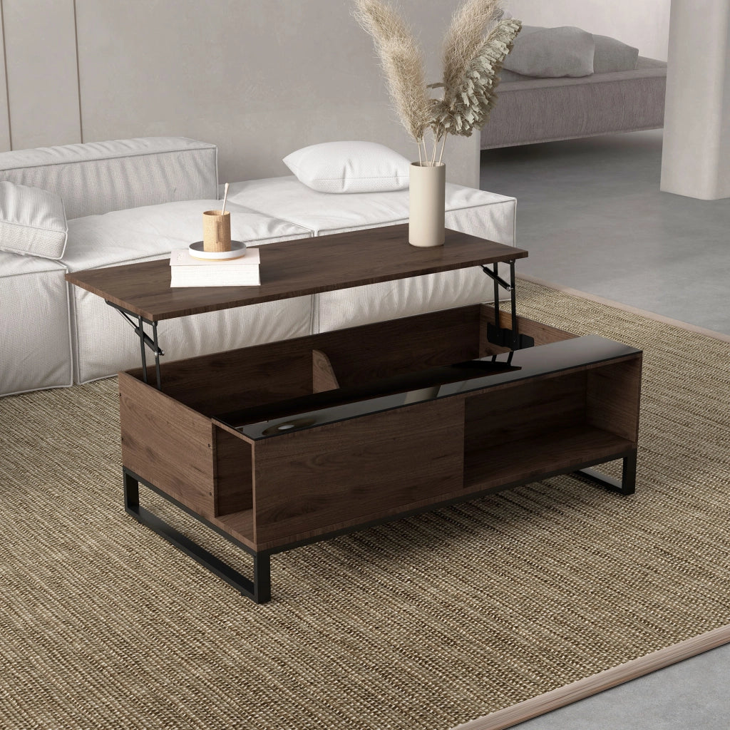 Tavolino da salotto elevabile con 2 vani; ripiano inferiore e piano in vetro per soggiorno; in truciolare e acciaio; walnuss; 102×58×35.5 cm