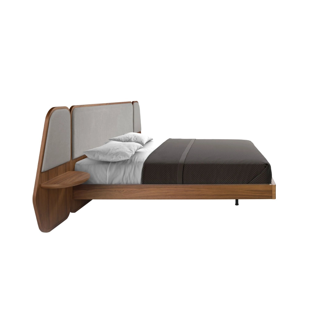 Letto in noce e tessuto grigio