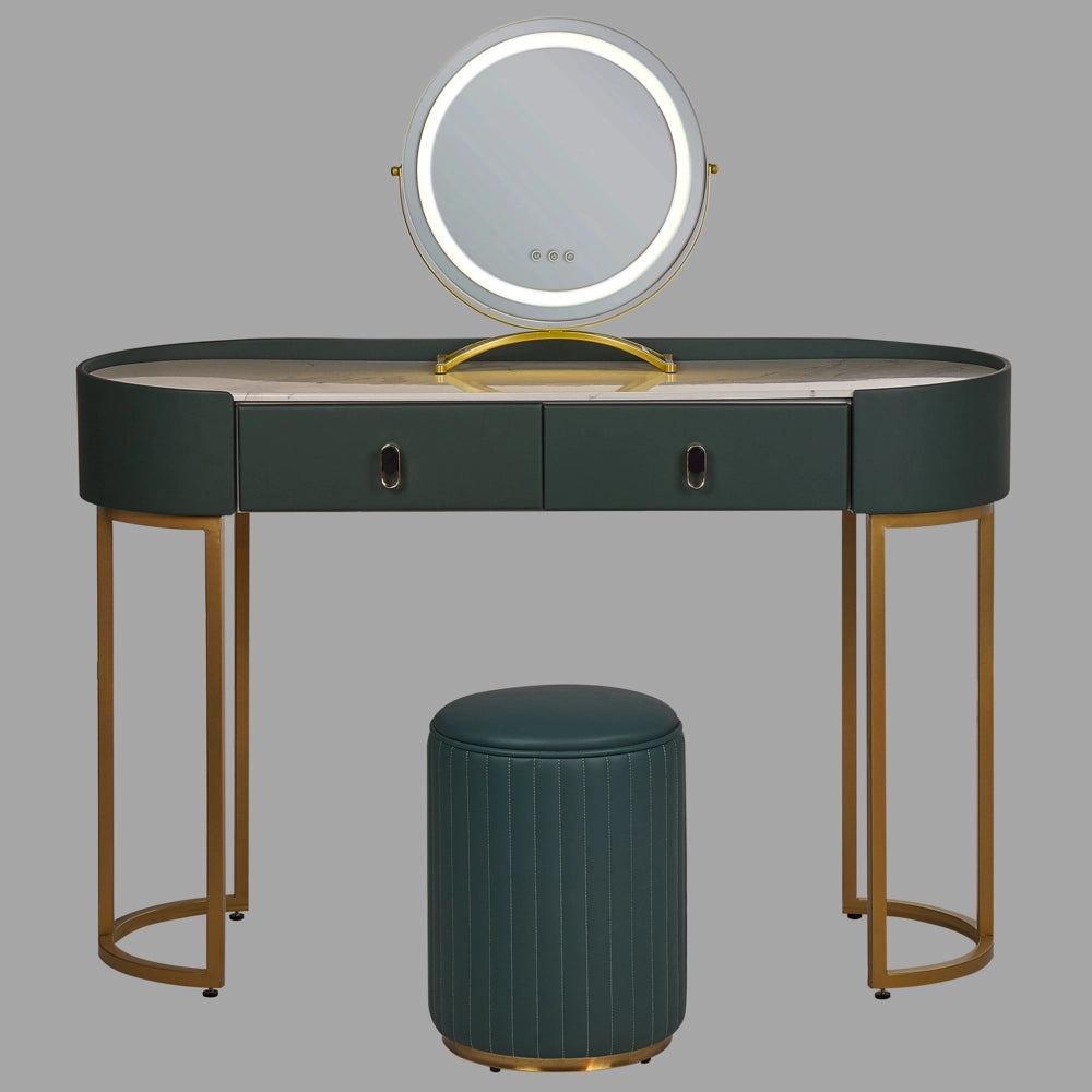 Toeletta con 2 cassetti specchio LED verde e oro con sgabello camera da letto elegante