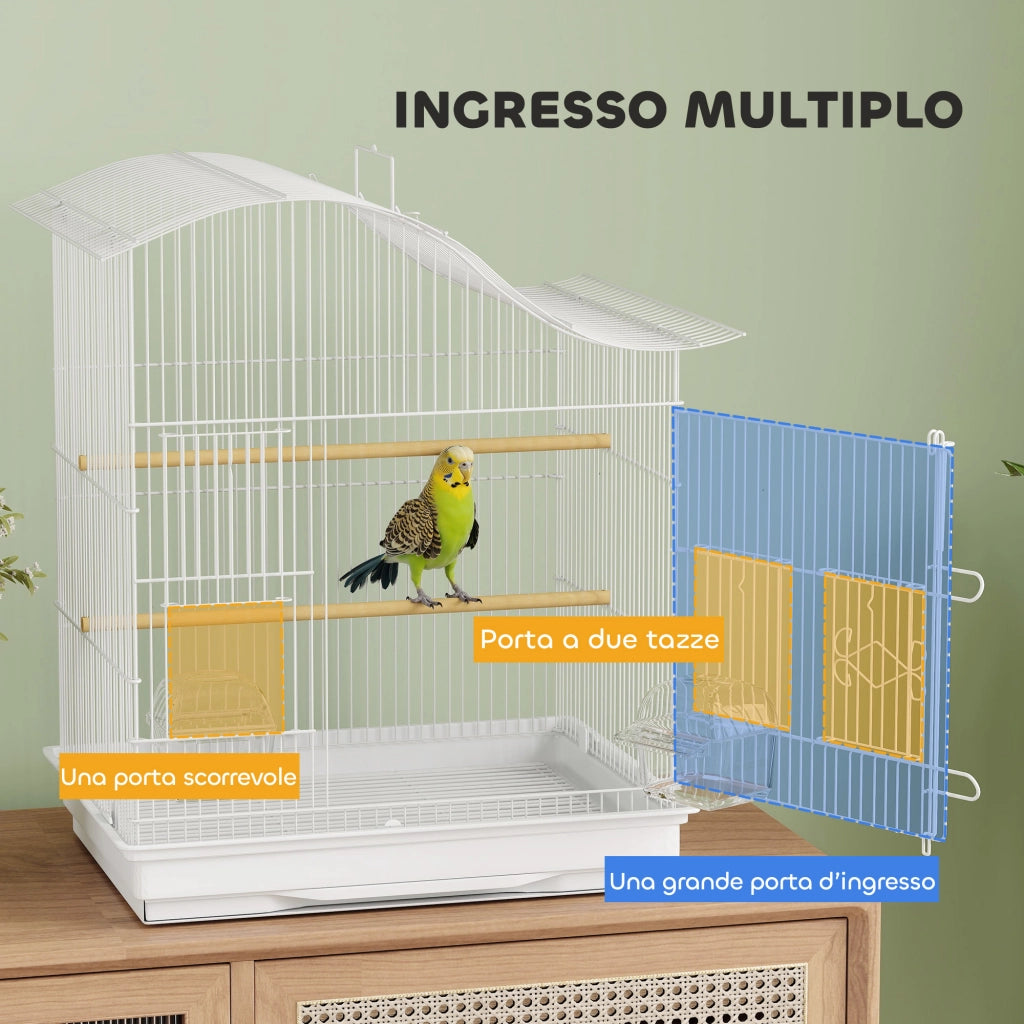 Gabbia per Uccelli a 4 Porte 47,5x36x54,5 cm con 2 Ciotole 2 Posatoi e Vassoio in Metallo e Plastica Bianco