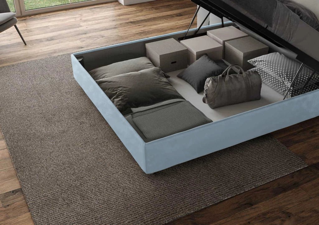 BS COM Letto matrimoniale francese contenitore imbottito 140x200 microfibra azzurro