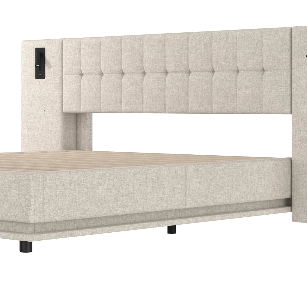 LETTO imbottito 180x200 cm Beige in lino con LED, USB e spot