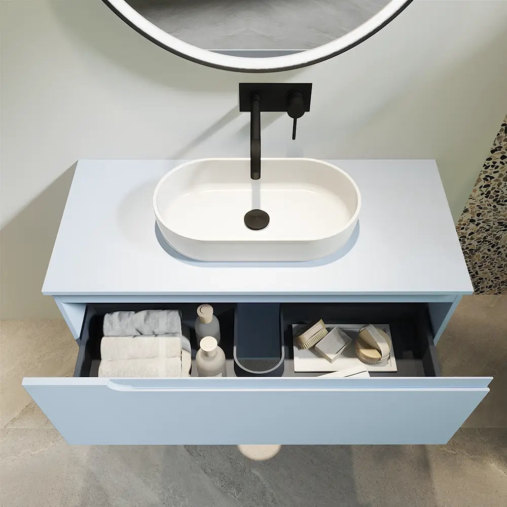 Mobile bagno sospeso 100 cm un cassetto color carta da zucchero con top  | Moor