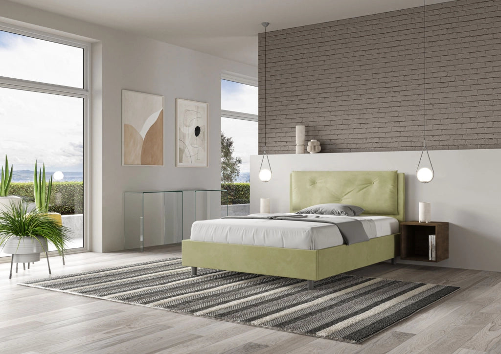 BS COM Letto matrimoniale francese con rete imbottito 140x200 microfibra tè verde Large