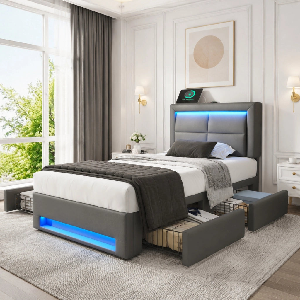 LETTO Polsterbett 90x200 cm con USB, LED e 4 cassetti, grigio