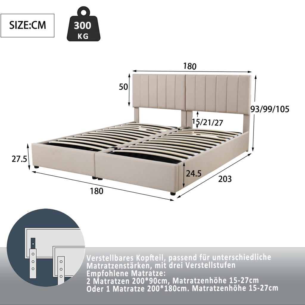 LETTO Imbottito Contenitore Idraulico 180x200 cm Beige