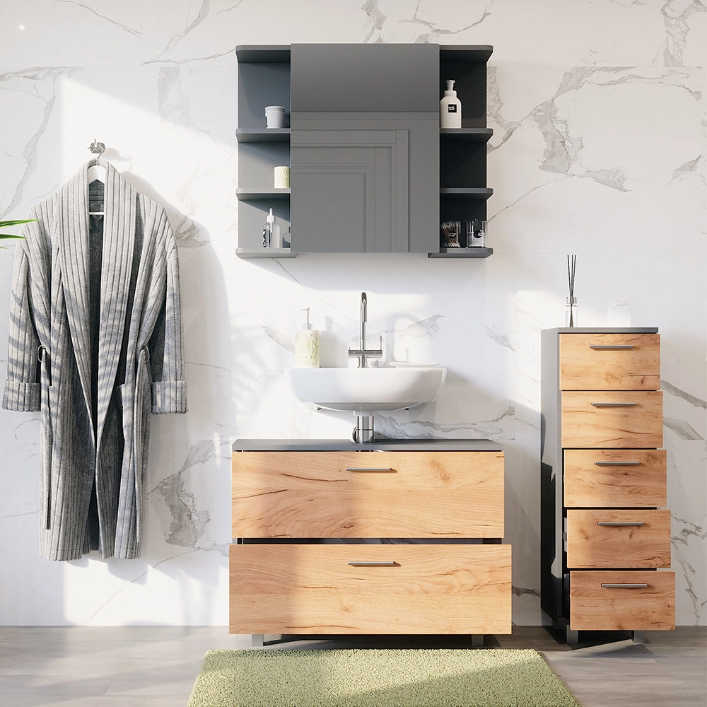 Vicco Set di mobili da bagno Quercia dorata/antracite 3 parti, con base 80 cm