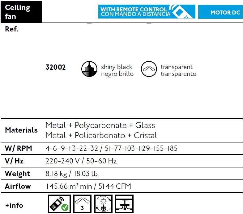FARO Ventilatore da soffitto industriale con motore DC 6 velocita e funzione inversa telecomando incluso per ambienti 13-176 m² Acciaio e vetro Nero brillante-Trasparente FARO-32002