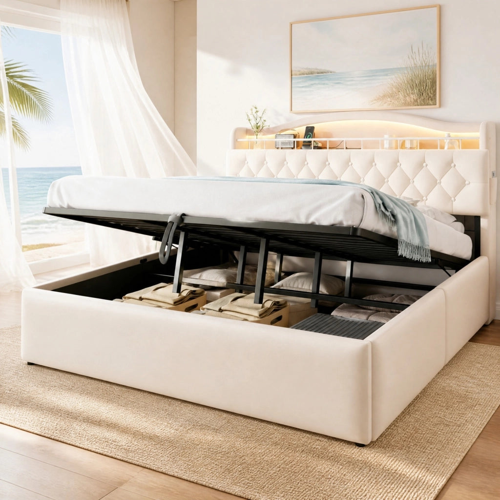 Letto imbottito 180x200 cm con contenitore idraulico; LED; USB e USB-C
