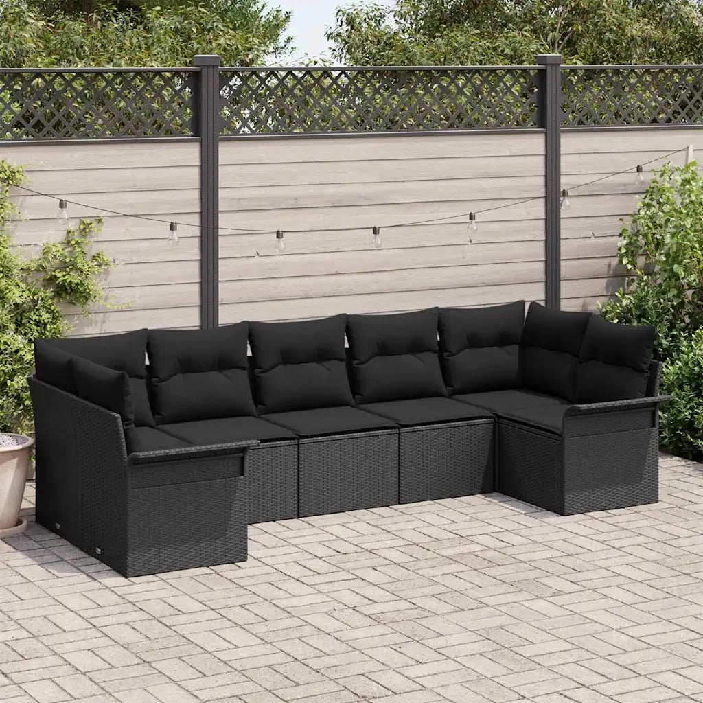 Set Divano da Giardino con cuscino 7 pcs Nero Poly Rattan