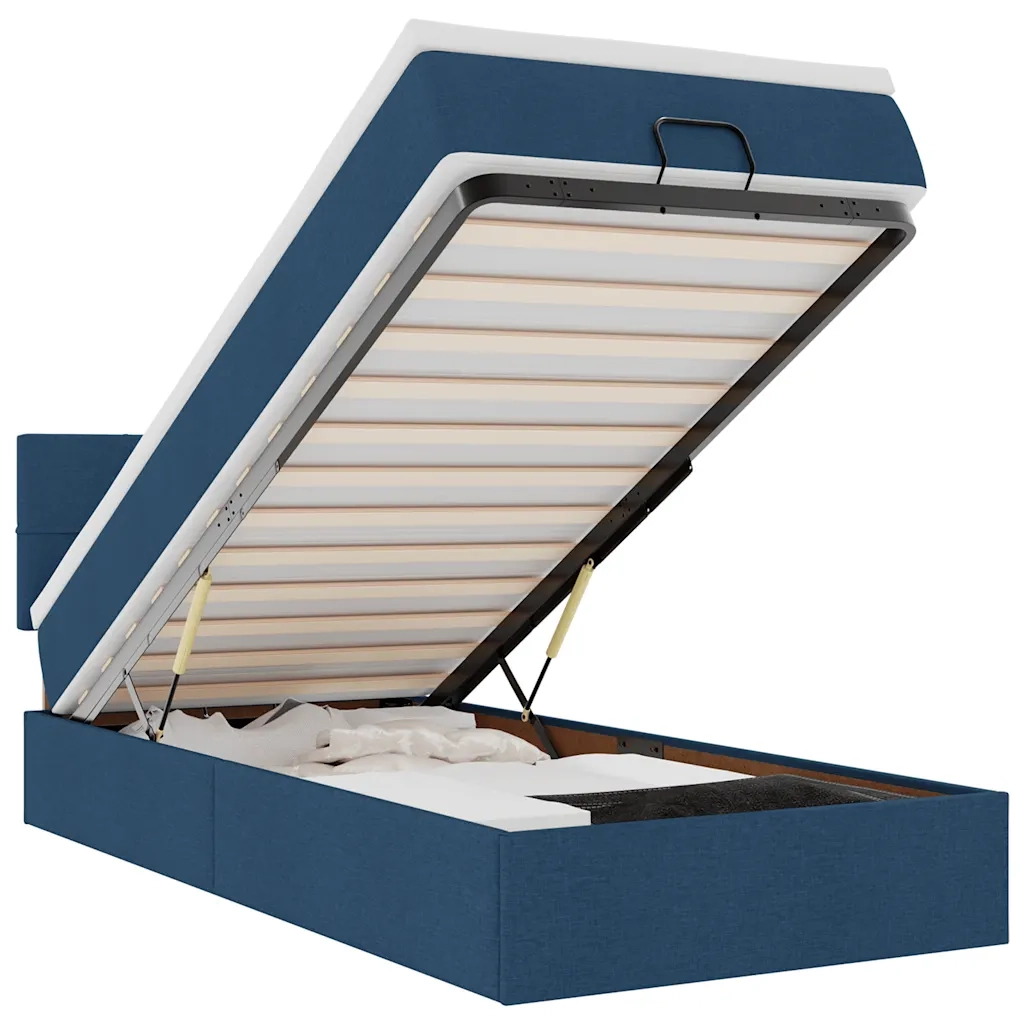 Pouf Letto con Materasso e LED Blu 90x200 cm in Tessuto