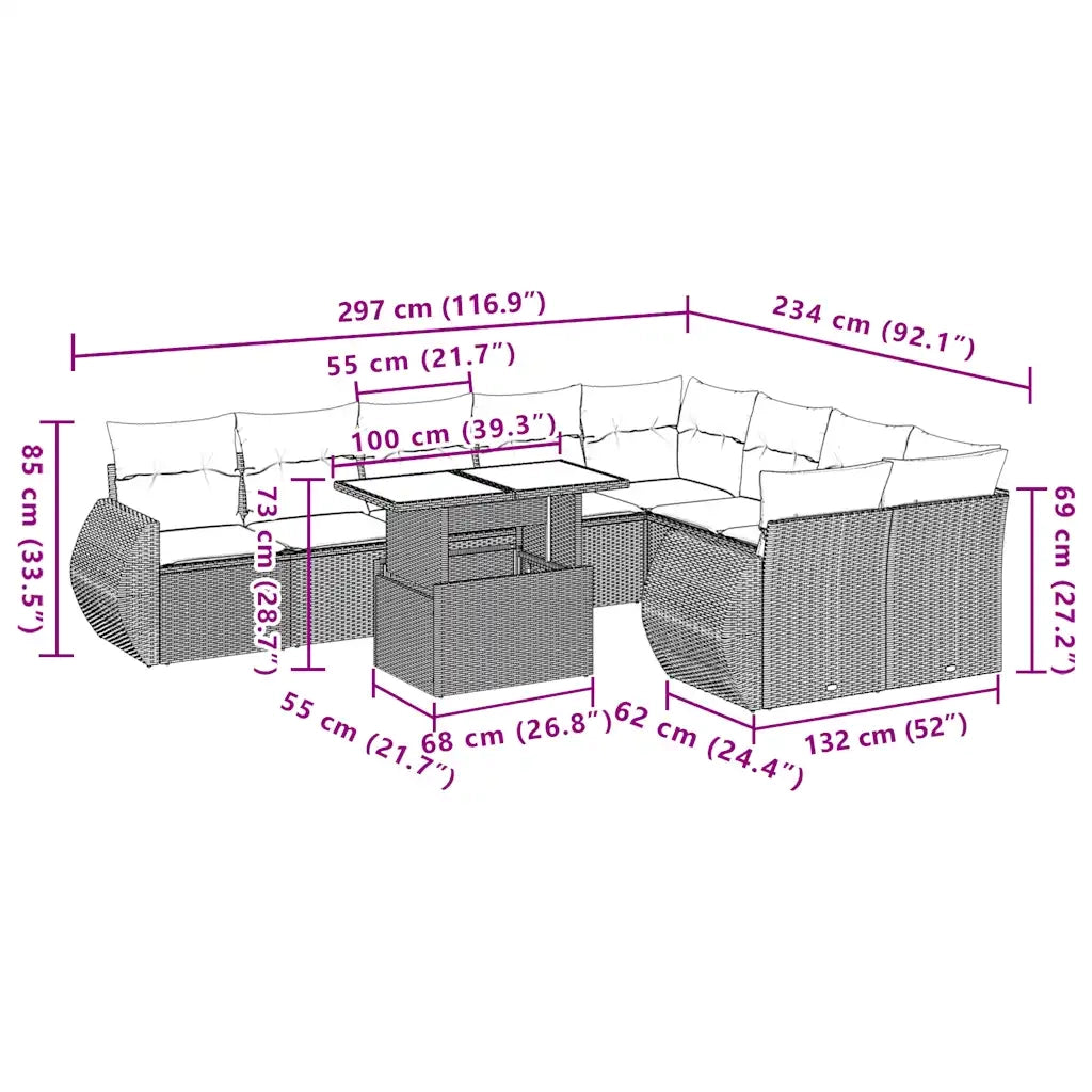 Set Divani da Giardino 10pz con Cuscini in Polyrattan Marrone 3268763