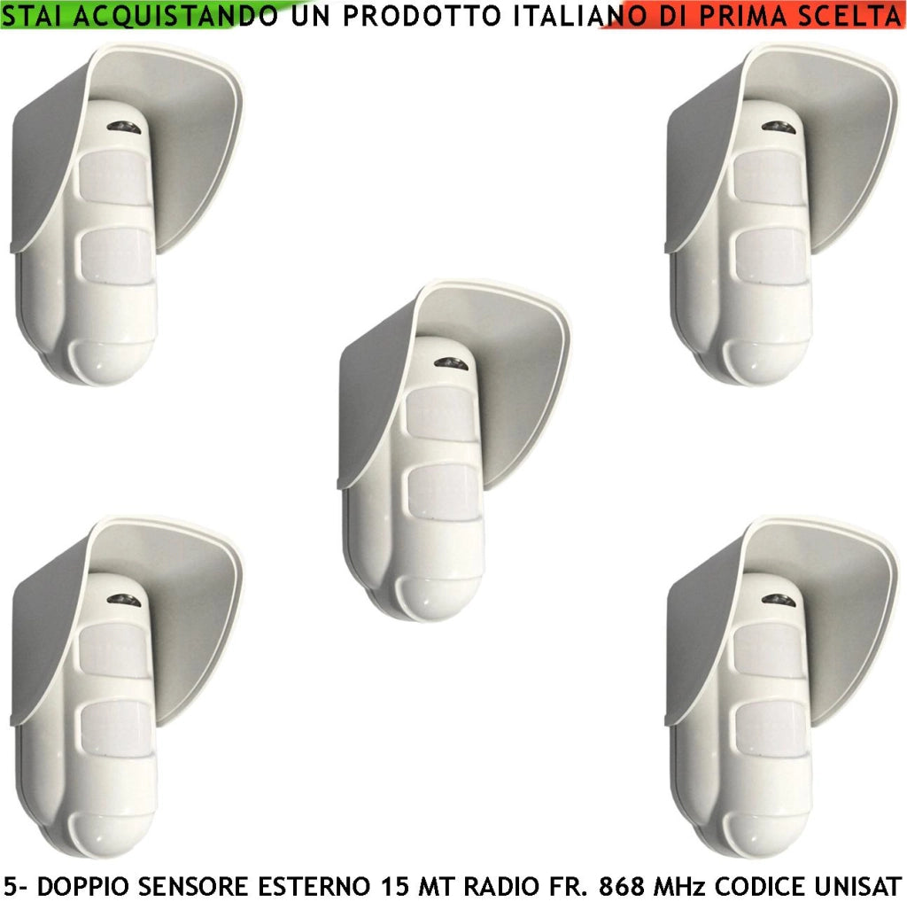 Doppia Tecnologia da Esterno IP54 5 Sensori Intrusi in Movimento Copertura 15 Metri Grandangolo o 25 Metri Tenda Via Radio Fr. 868 MHz Bidirezionale Codice UNISAT