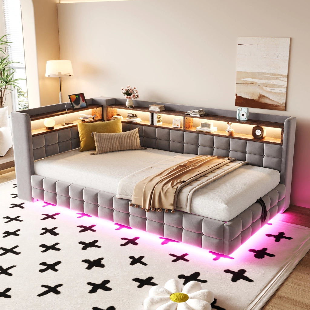 LETTO Contenitore 90x200 cm in velluto grigio chiaro con LED e prese USB/Type-C
