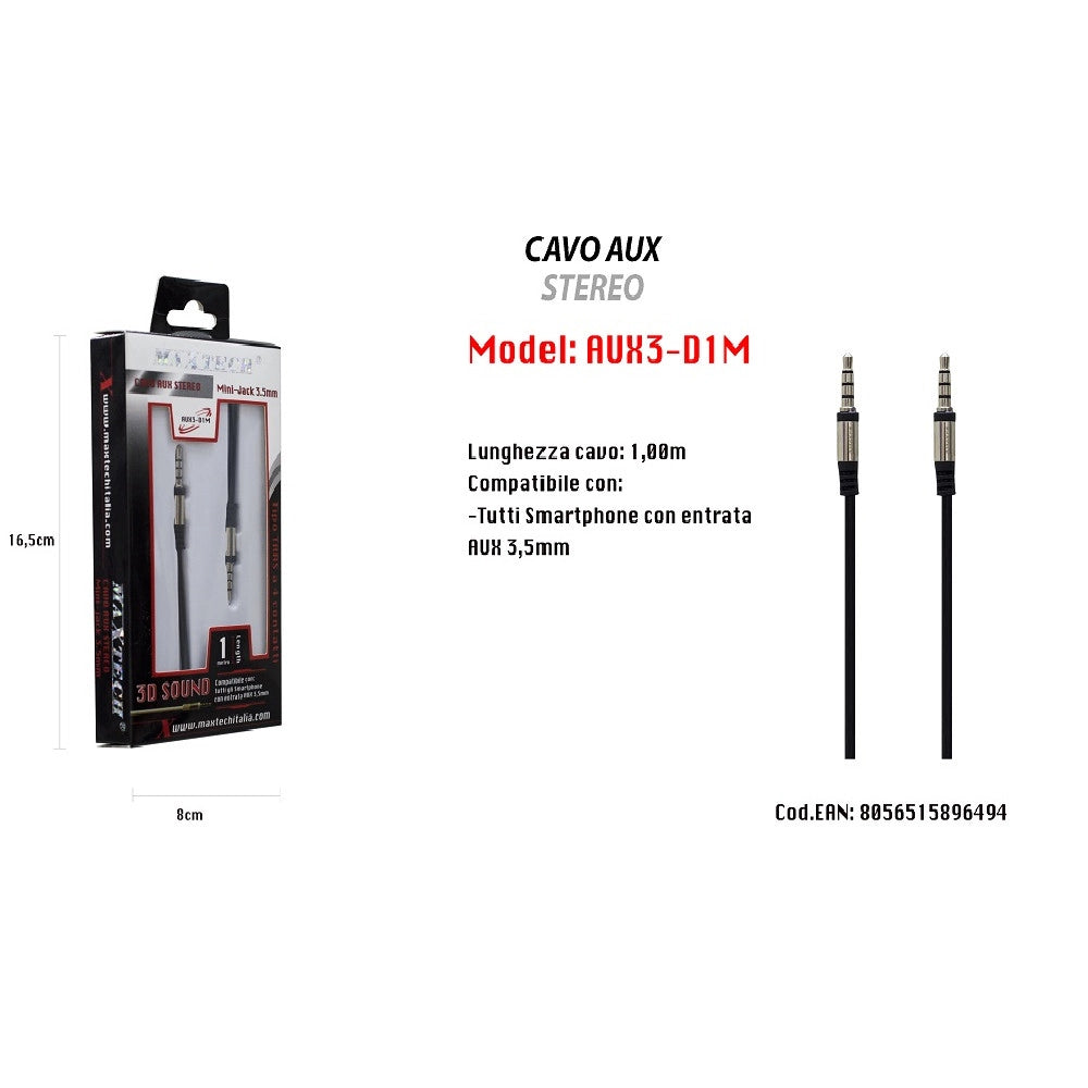 Trade Shop - Cavo Aux Stereo 1mt Mini Jack 3,5mm Per Smartphone Tipo Trrs A 4 Contatti Maxtech Aux3-d1m -