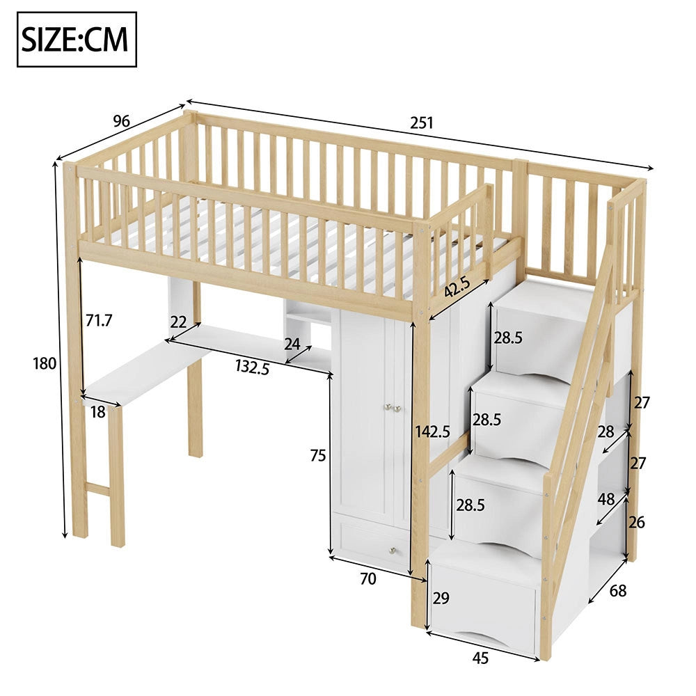 Letto a Soppalco Multifunzione – Xylo – 90x200cm, Legno Bianco, Grande Armadio, Scaffale, Tavolo, Scala, Ripostiglio