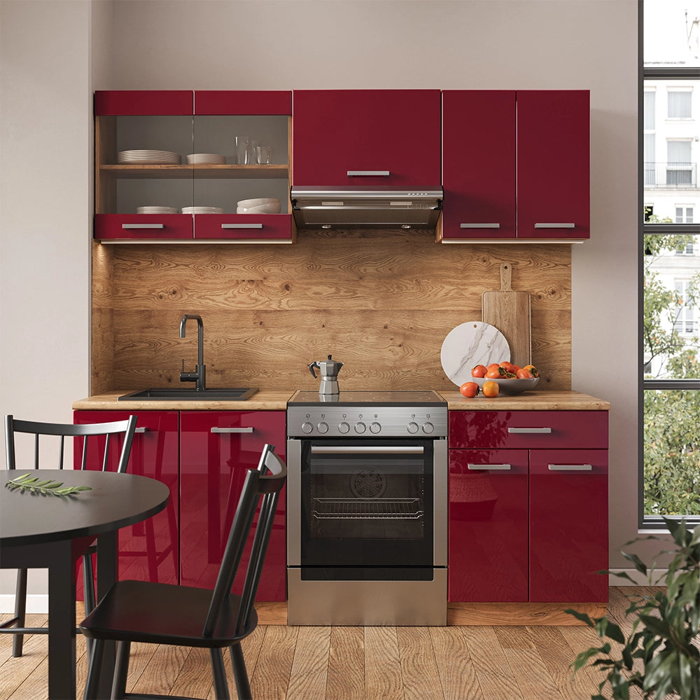 Vicco Cucina componibile Rosso lucido/rovere dorato 200 cm , PL Antracite