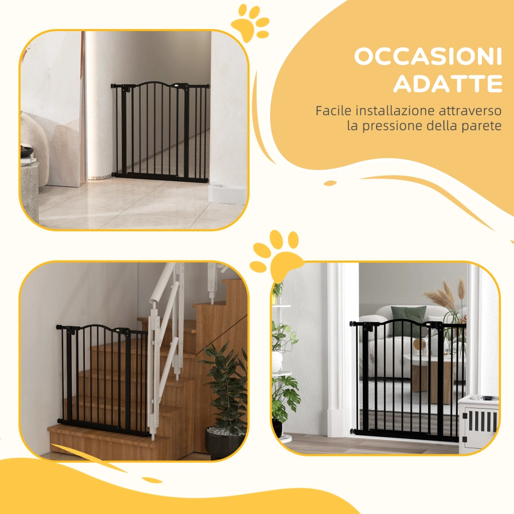 Cancelletto per Cani Estensibile con 2 Blocchi e Chiusura Automatica, in Metallo e Plastica, 74-87x78 cm, Nero