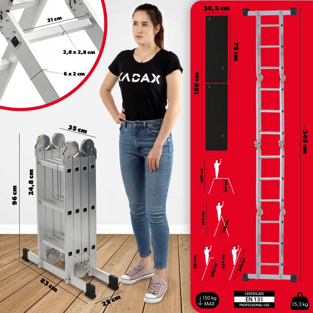 Scala domestica pieghevole multifunzionale in alluminio KADAX 4x3, portata 150 kg.