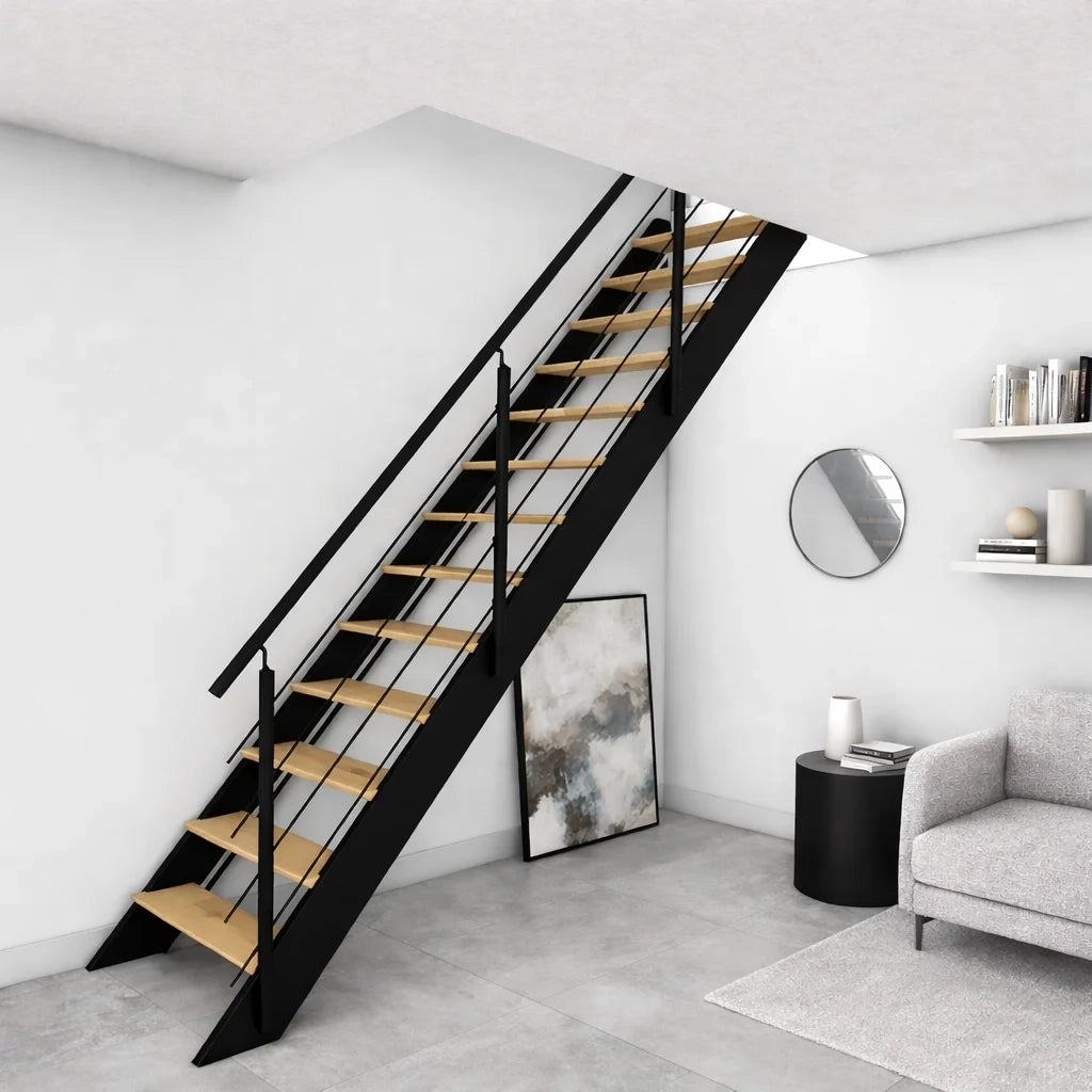 SPECTRA - Scala dritta in legno con LED integrati, nera con balaustra