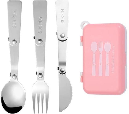 Set da cucina pieghevole 3 pezzi - Cucchiaio/Forchetta pieghevole - Acciaio inossidabile 304 - Portatile - Scatola di conservazione - Spazievitore - Set da cucina