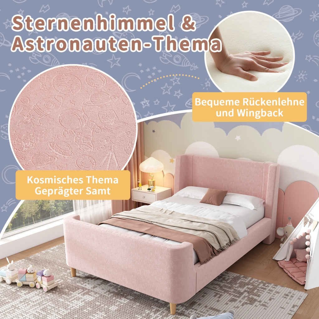 letto a slitta in velluto rosa 90 x 200 cm