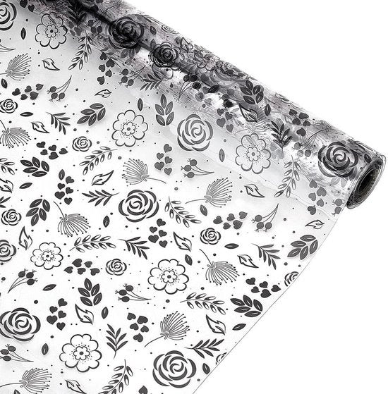 Materiale per Bordure in TPU - Stoffa con Disegno - Pelle Artificiale - 79 pollici di Lunghezza - Disegno di Fiori Neri