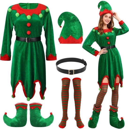 Costume da Natale per Donna con Piumoni - Cinturino - Calze Overknee - Scarpe da Elfina - Disegno Natalizio Vivace
