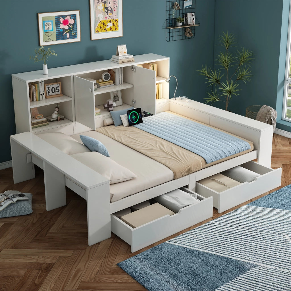 LETTO Contenitore 140x200 cm Bianco con cassetti e porte USB