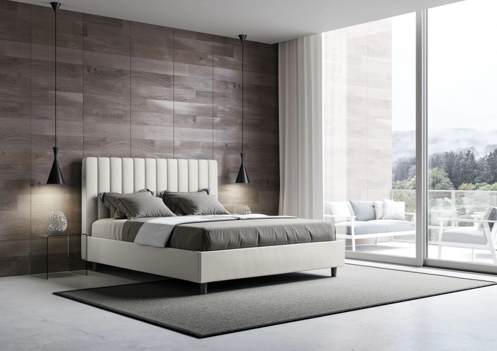 BS COM Letto matrimoniale con rete imbottito 160x200 similpelle bianco