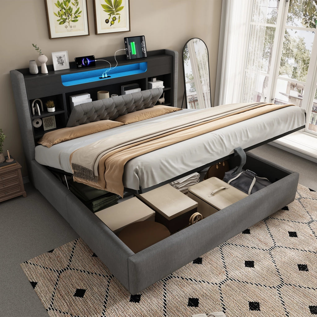 LETTO imbottito 140x200 cm in lino grigio con LED, USB e porta USB-C