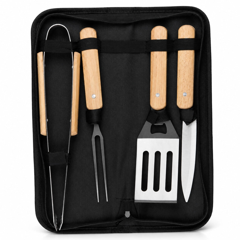Set 4 Pezzi Accessori per Barbecue con Valigetta Pieghevole con Manico in Legno